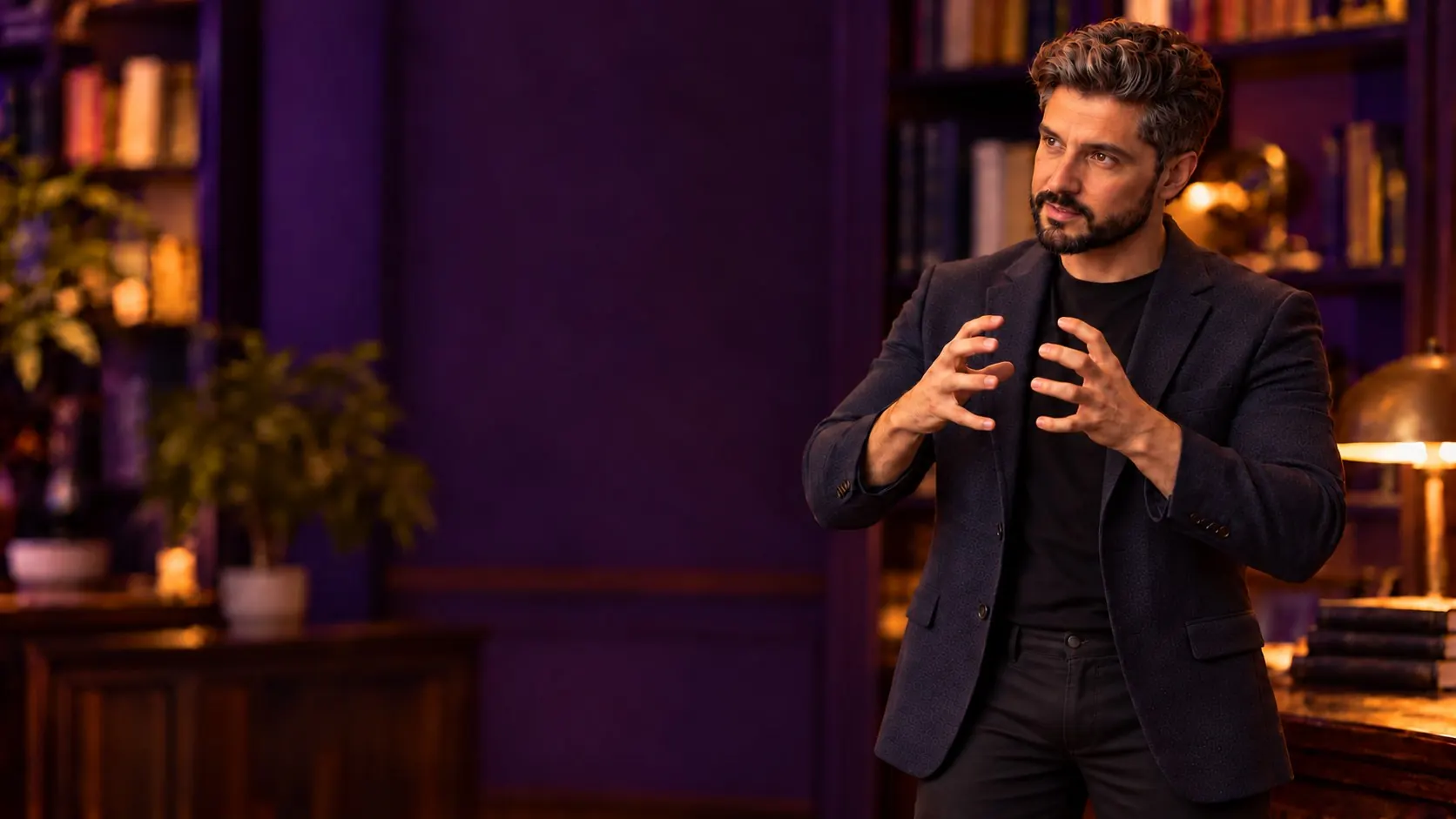 O autor, Samuel José Dequech, de blazer escuro e camiseta preta, olha para o lado e gesticula com as mãos como quem molda uma ideia, numa biblioteca de luz quente e paredes roxas
