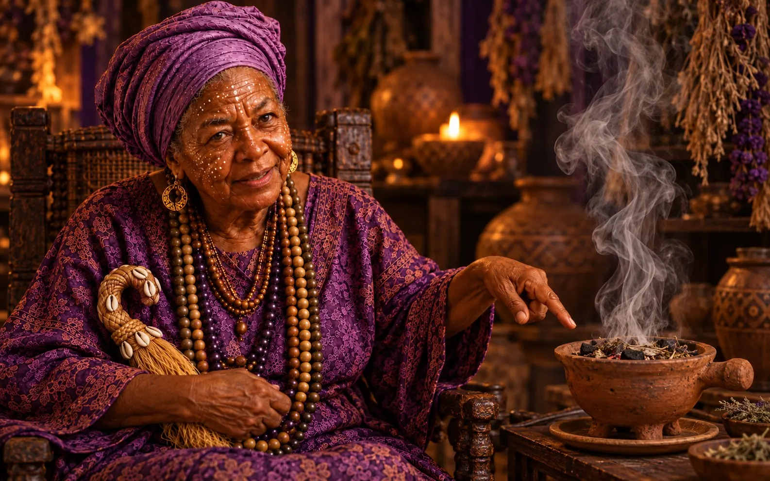 Nanã, de turbante e vestido roxo, sentada numa cadeira entalhada com a bengala de búzios no colo, aponta para o defumador de barro de onde sobe a fumaça, entre ervas penduradas e velas