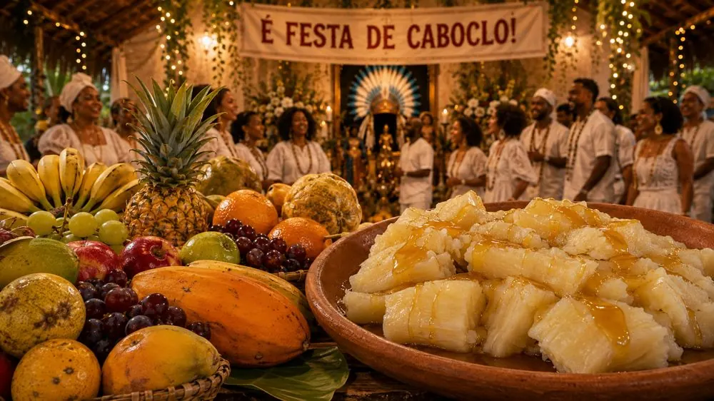 A mesa da festa de Caboclo, com frutas e mandioca com mel