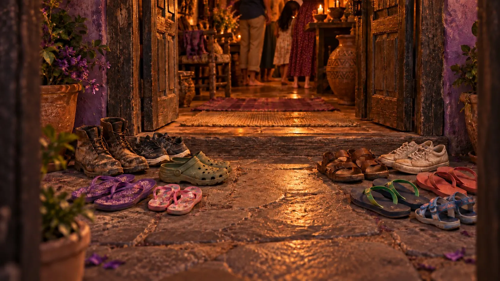 Chinelos, botas e sandálias deixados na soleira de uma porta de madeira; ao fundo, o ateliê iluminado por velas