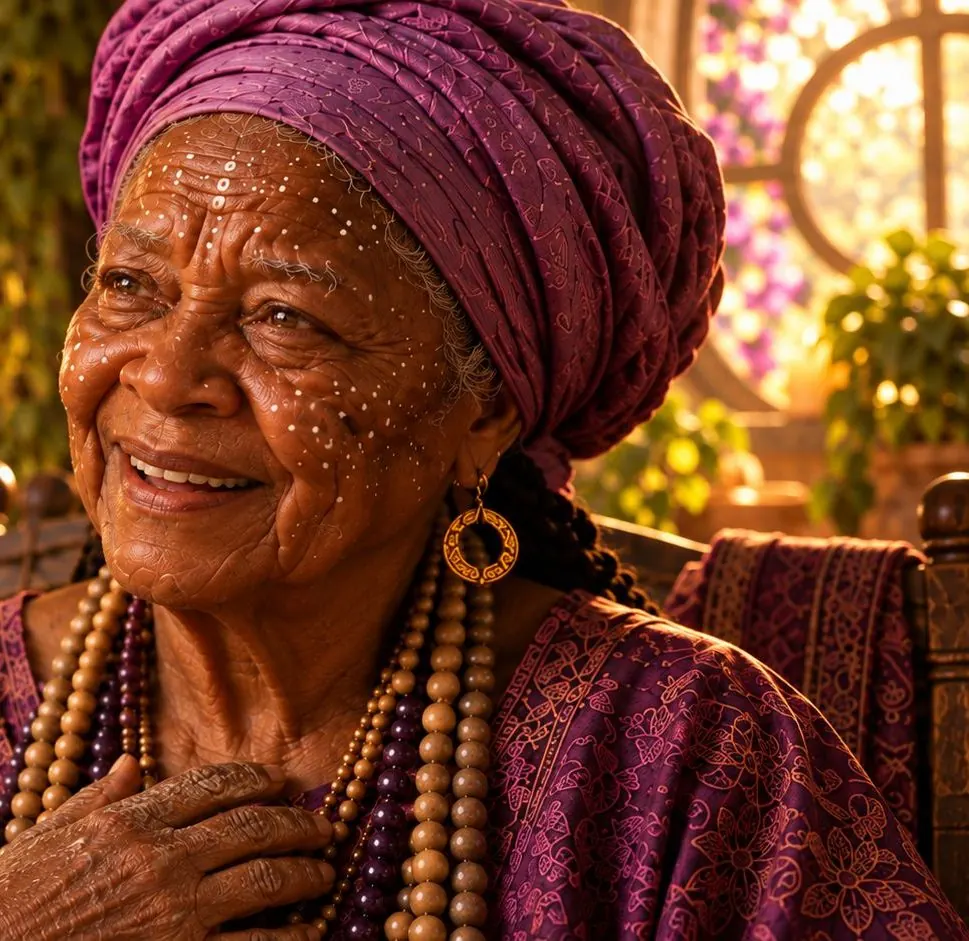 Nanã sorrindo, de turbante lilás e colares de contas, com a mão no peito
