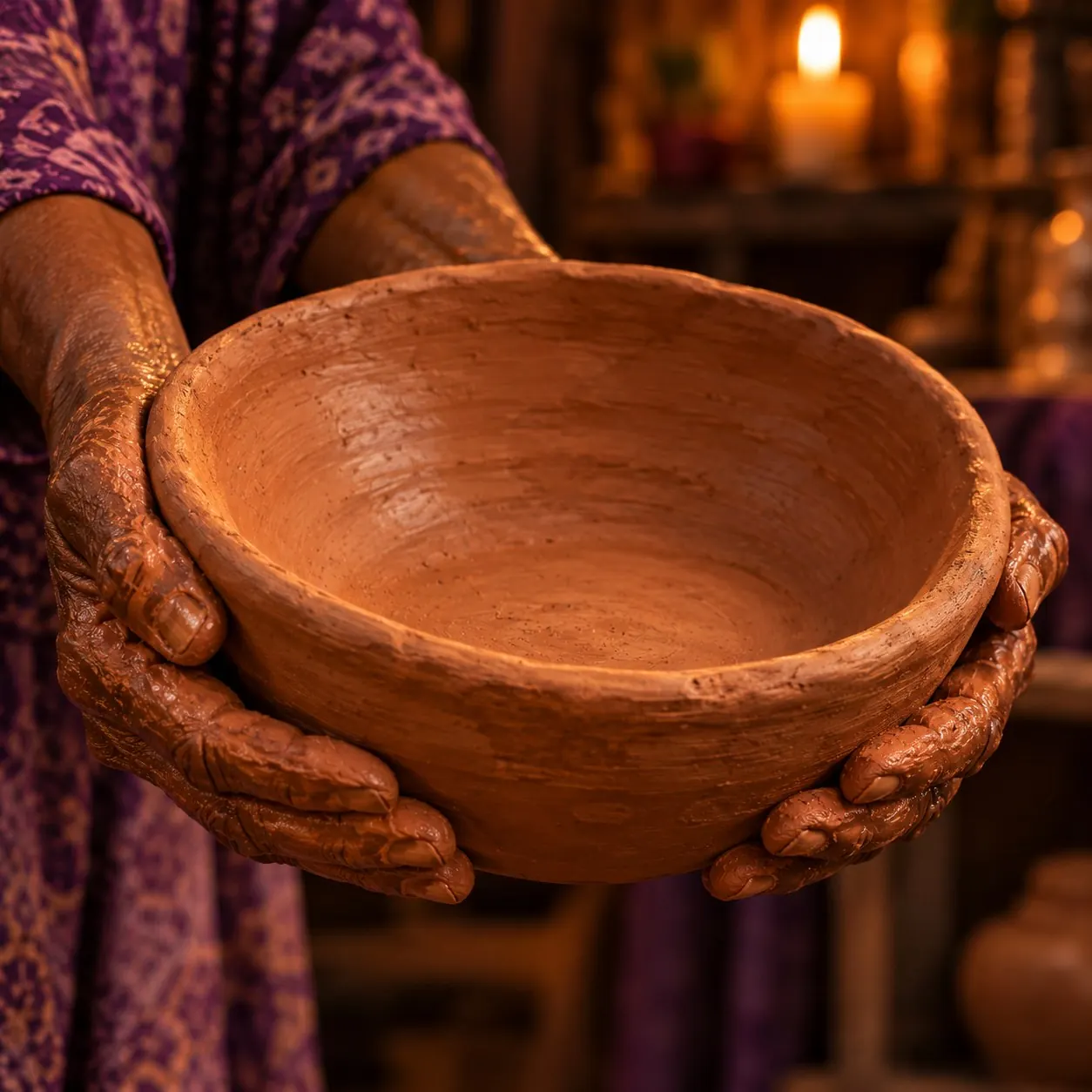 As mãos de Nanã, sujas de barro, segurando o alguidar que ela moldou