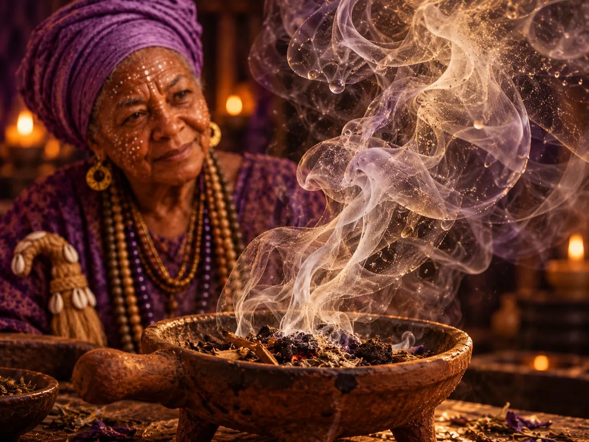 Nanã, de turbante roxo e colares de contas, sorri ao lado do alguidar de barro de onde sobe a fumaça das ervas queimadas